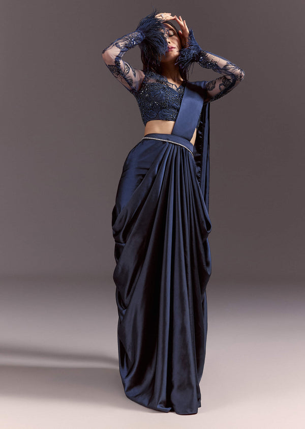 Navy Blue Satin Pleated Saree With Full Sleeve V Neck Blouse