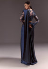 Navy Blue Satin Pleated Saree With Full Sleeve V Neck Blouse