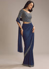 Navy Blue Lycra Ready Pleated Saree With Cutdana Work
