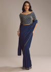 Navy Blue Lycra Ready Pleated Saree With Cutdana Work