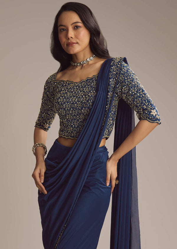 Navy Blue Lycra Ready Pleated Saree With Cutdana Work