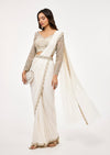 Off White Pre Draped Saree With Embellished Blouse