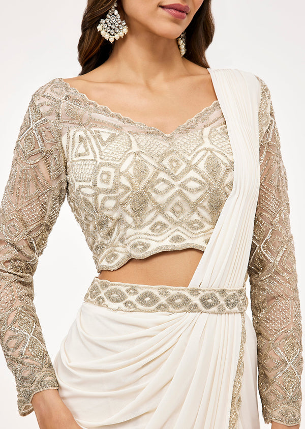 Off White Pre Draped Saree With Embellished Blouse