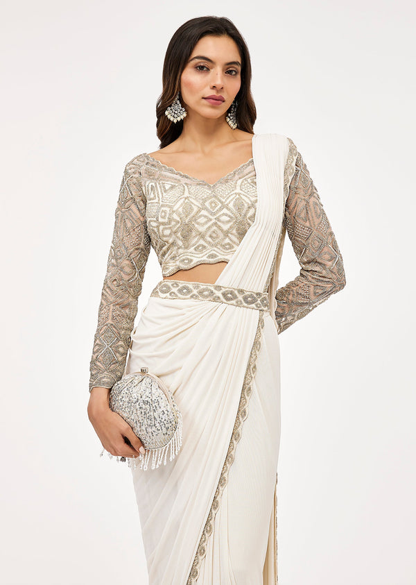 Off White Pre Draped Saree With Embellished Blouse