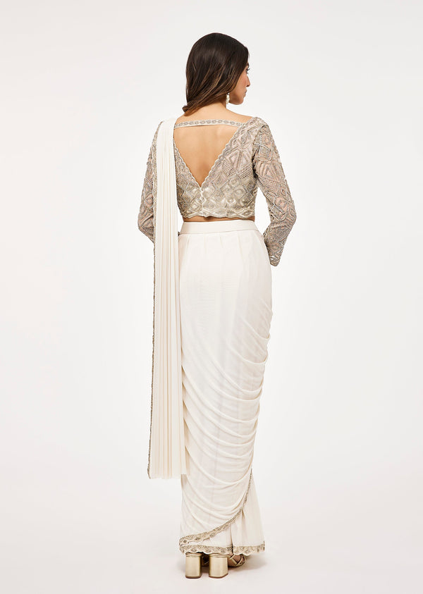 Off White Pre Draped Saree With Embellished Blouse