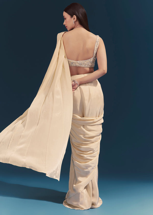 Off White Ready Pleated Saree Set