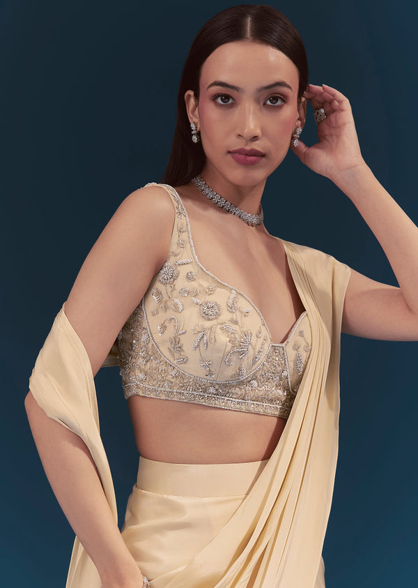 Off White Ready Pleated Saree Set