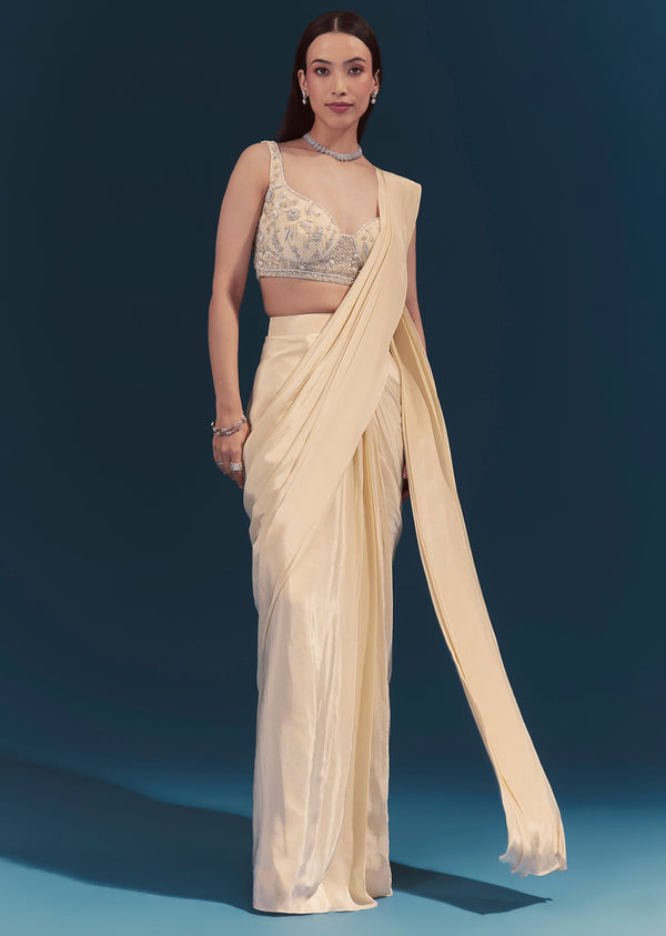 Off White Ready Pleated Saree Set