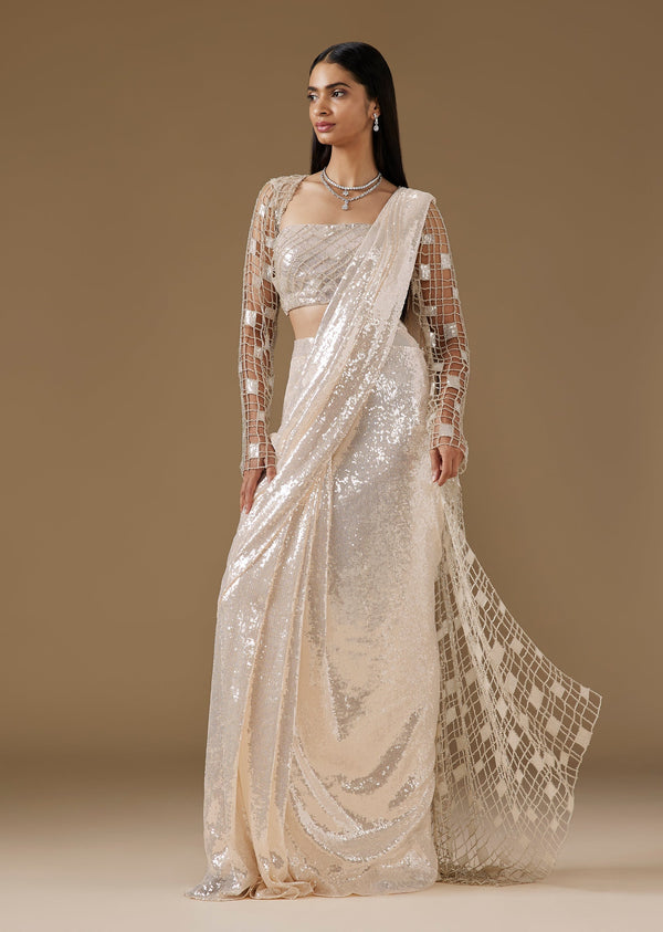 Off-White Ready Pleated Saree With Designer Embellished Blouse