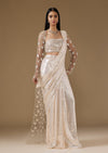 Off-White Ready Pleated Saree With Designer Embellished Blouse