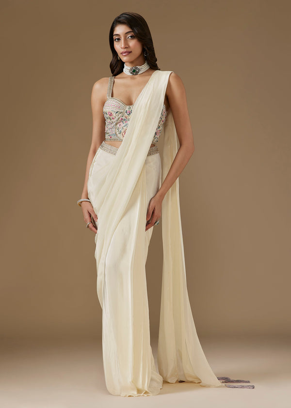 Off White Ready Pleated Saree With Embellished Blouse