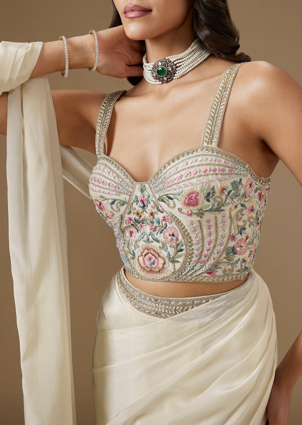 Off White Ready Pleated Saree With Embellished Blouse