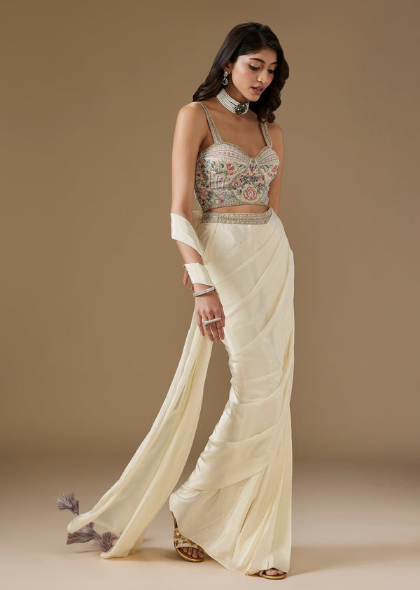 Off White Ready Pleated Saree With Embellished Blouse