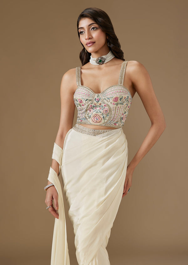 Off White Ready Pleated Saree With Embellished Blouse