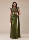 Olive Green Drape Saree With High Neck Blouse