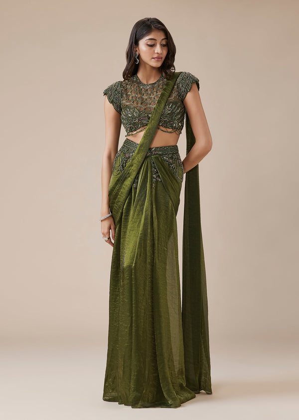 Olive Green Drape Saree With High Neck Blouse