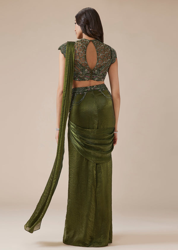 Olive Green Drape Saree With High Neck Blouse