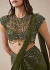 Olive Green Drape Saree With High Neck Blouse