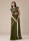 Olive Green Drape Saree With High Neck Blouse