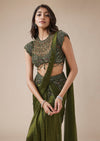 Olive Green Drape Saree With High Neck Blouse