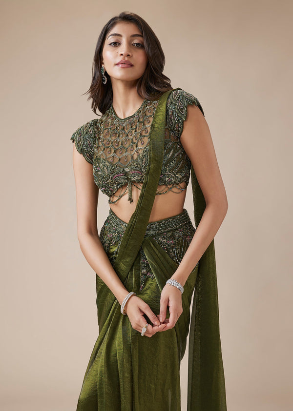 Olive Green Drape Saree With High Neck Blouse