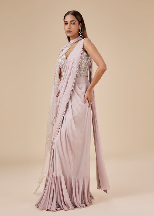 Onion Pink Ready Pleated Saree With Detachable Cape