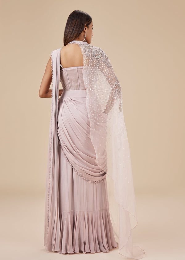 Onion Pink Ready Pleated Saree With Detachable Cape