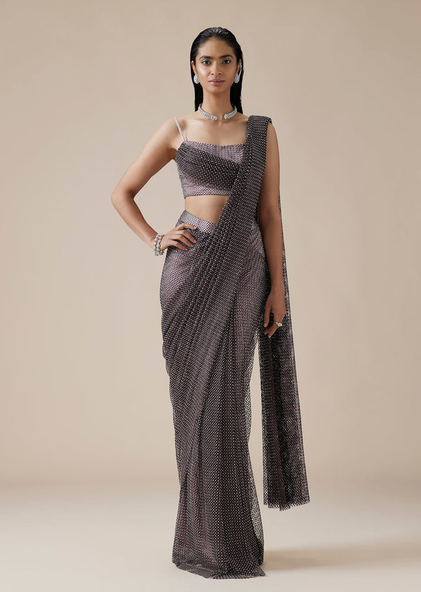 Onion Pink Ready Pleated Satin Saree With Cutdana Detail