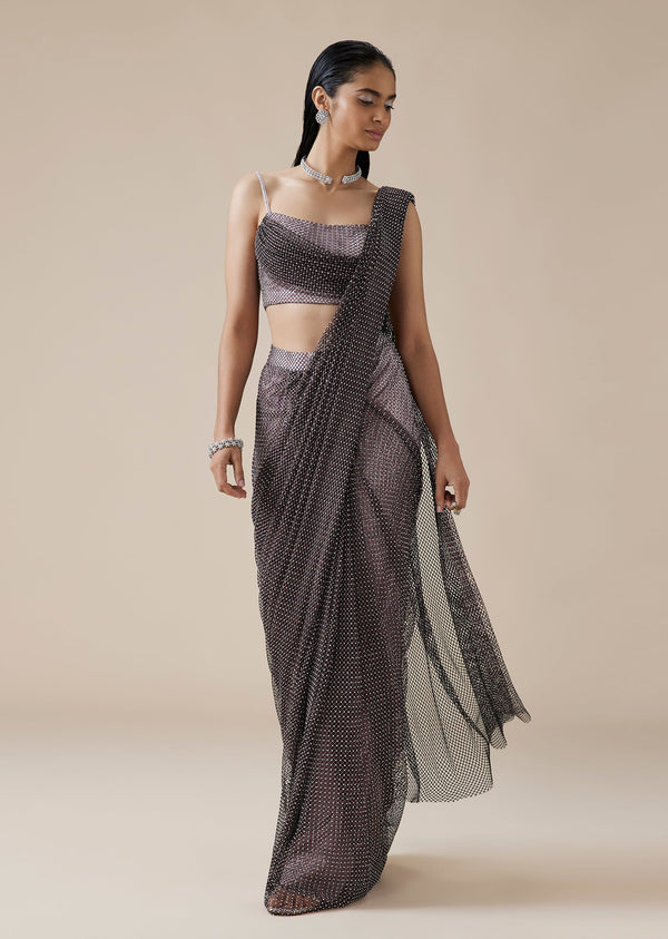 Onion Pink Ready Pleated Satin Saree With Cutdana Detail
