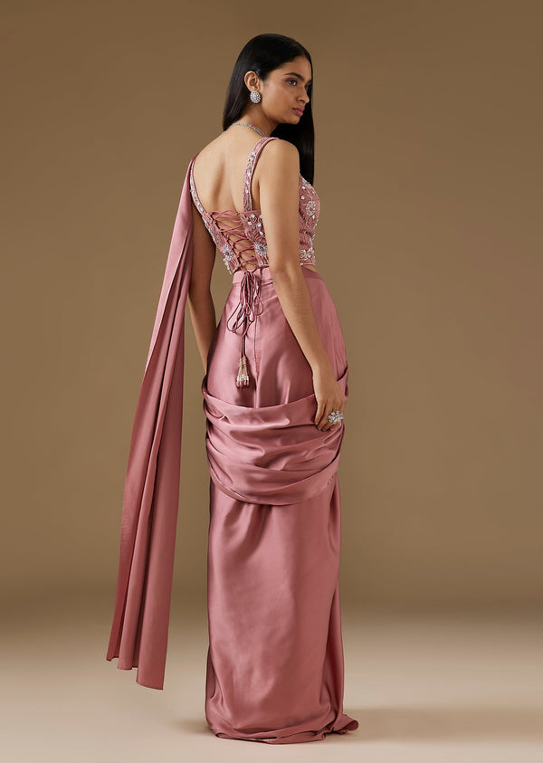 Onion Pink Satin Ready Pleated Saree With Embroidered Blouse