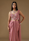 Onion Pink Satin Ready Pleated Saree With Embroidered Blouse