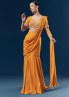 Orange Georgette Fish Cut Ready Pleated Indo Western Saree With Embroidered Blouse And Cut Dana Sequin And Pearl Detailing