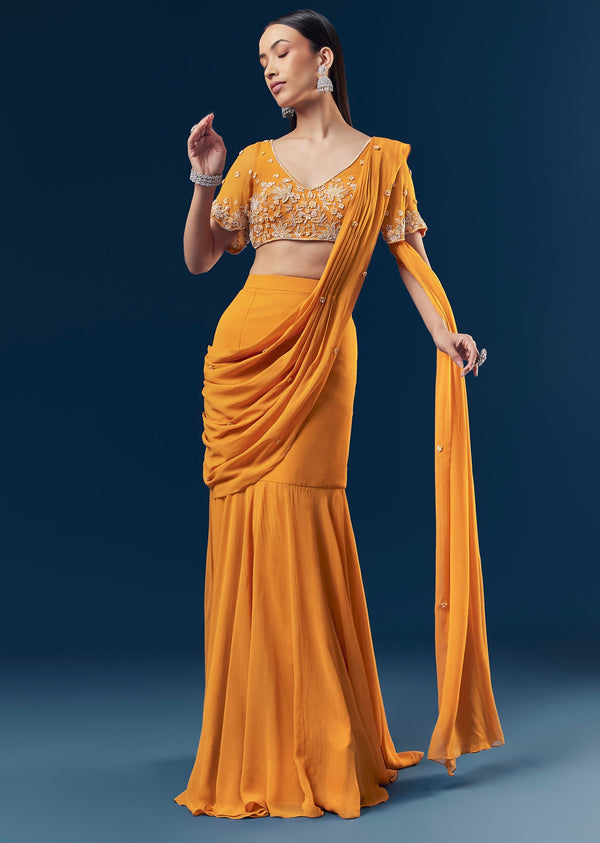 Orange Georgette Fish Cut Ready Pleated Indo Western Saree With Embroidered Blouse And Cut Dana Sequin And Pearl Detailing