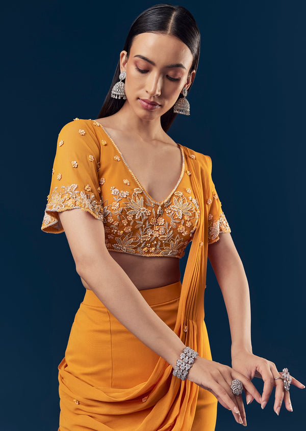 Orange Georgette Fish Cut Ready Pleated Indo Western Saree With Embroidered Blouse And Cut Dana Sequin And Pearl Detailing