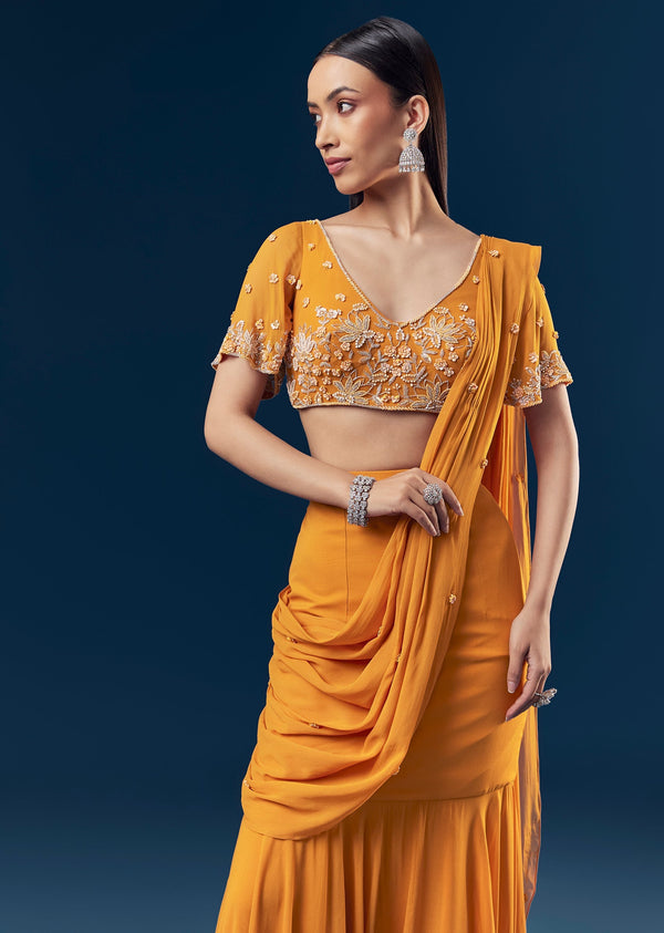 Orange Georgette Fish Cut Ready Pleated Indo Western Saree With Embroidered Blouse And Cut Dana Sequin And Pearl Detailing