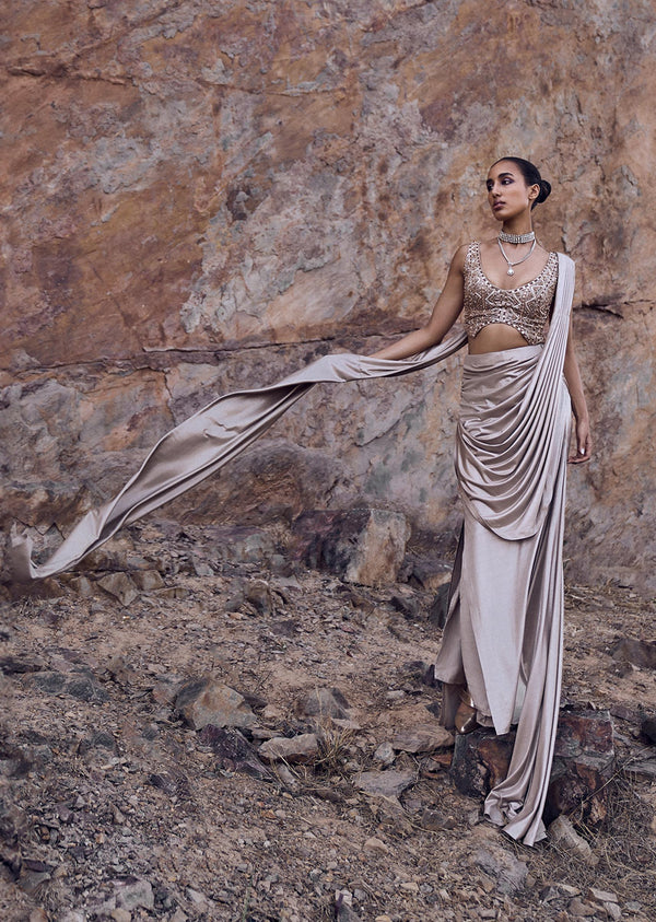 Oyster Beige Pre-Stitched Saree With Stylized Blouse