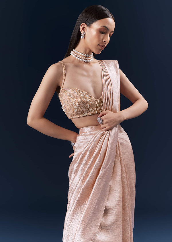 Peach Fancy Ready Pleated Saree With Embroidery