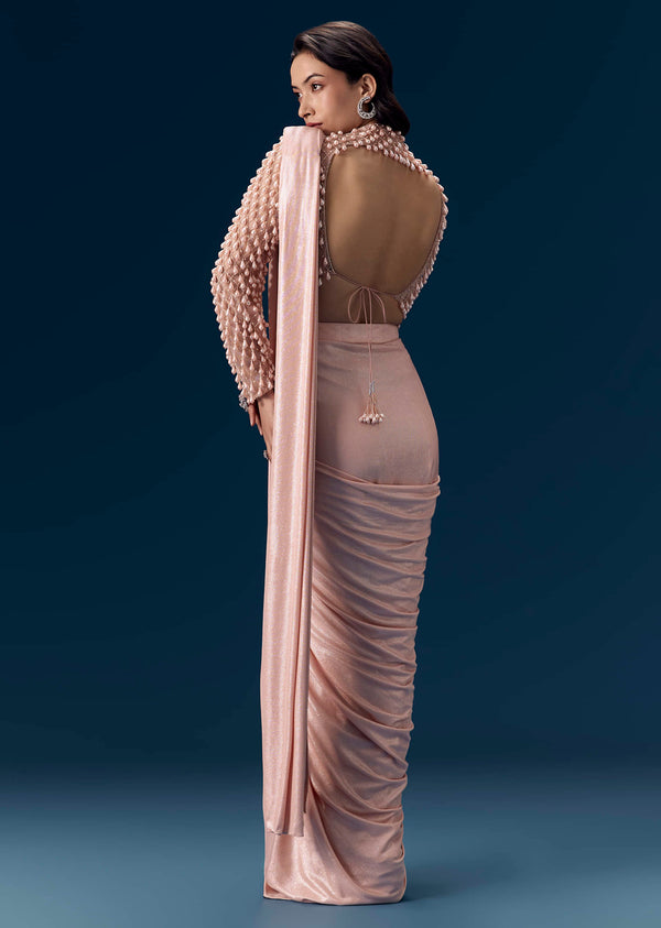 Peach Ready Pleated Saree with Blouse