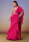 Pink Pre Draped Saree Set With Belt