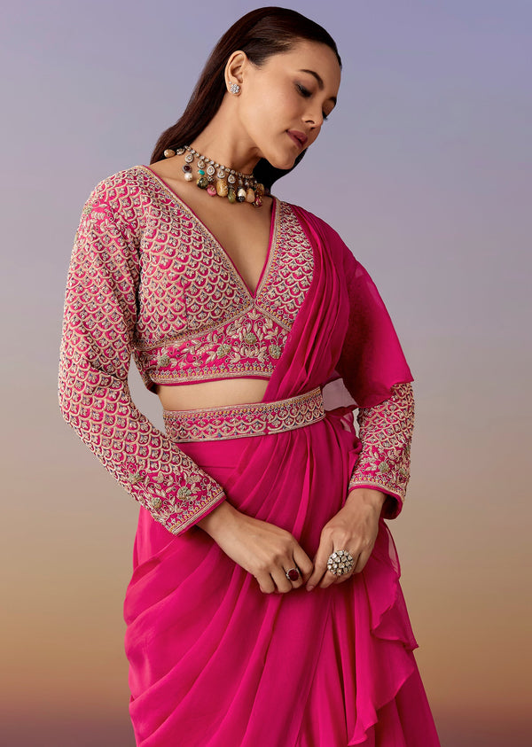 Pink Pre Draped Saree Set With Belt