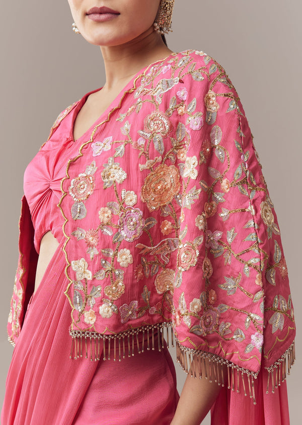 Pink Ready Pleated Saree With Cape Blouse And Resham And Sequins Work