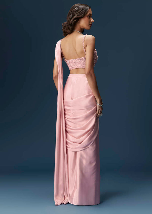 Pink Ready Pleated Saree With Embroidered Blouse