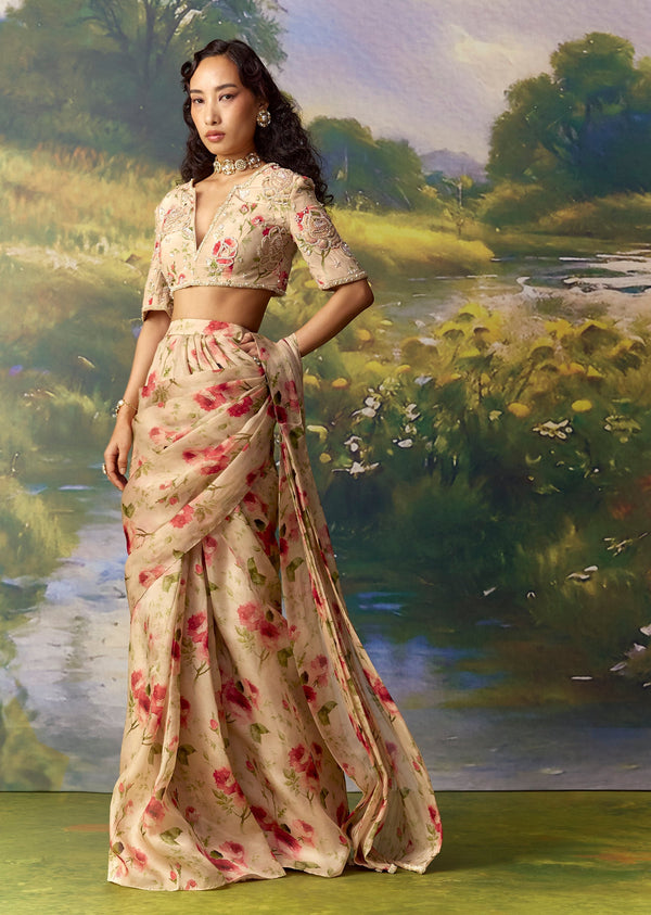 Pink Ready Pleated Saree And Embroidered Blouses