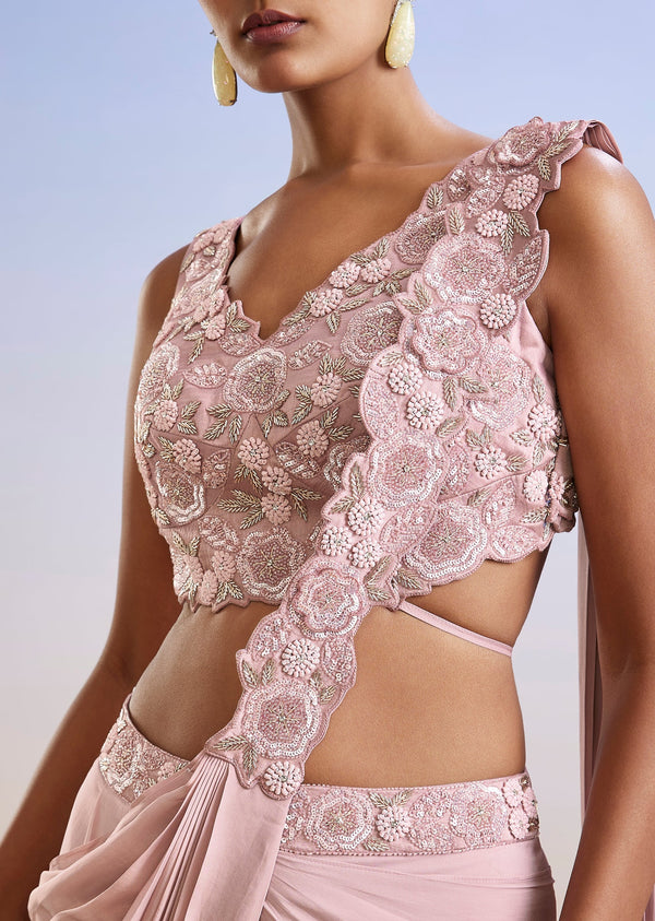 Pink Sequins Embroidered Ready Pleated Saree With Blouse