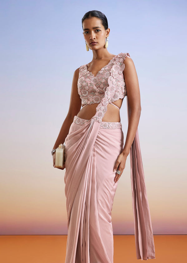 Pink Sequins Embroidered Ready Pleated Saree With Blouse