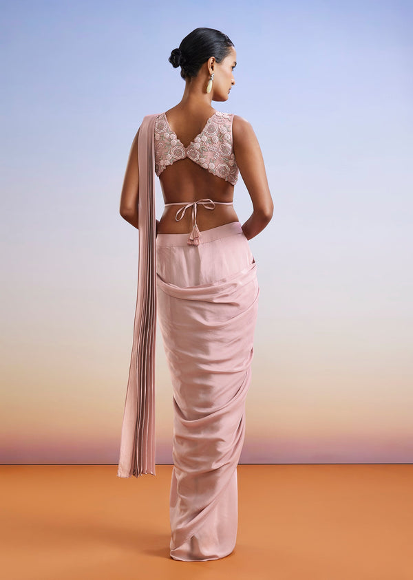 Pink Sequins Embroidered Ready Pleated Saree With Blouse