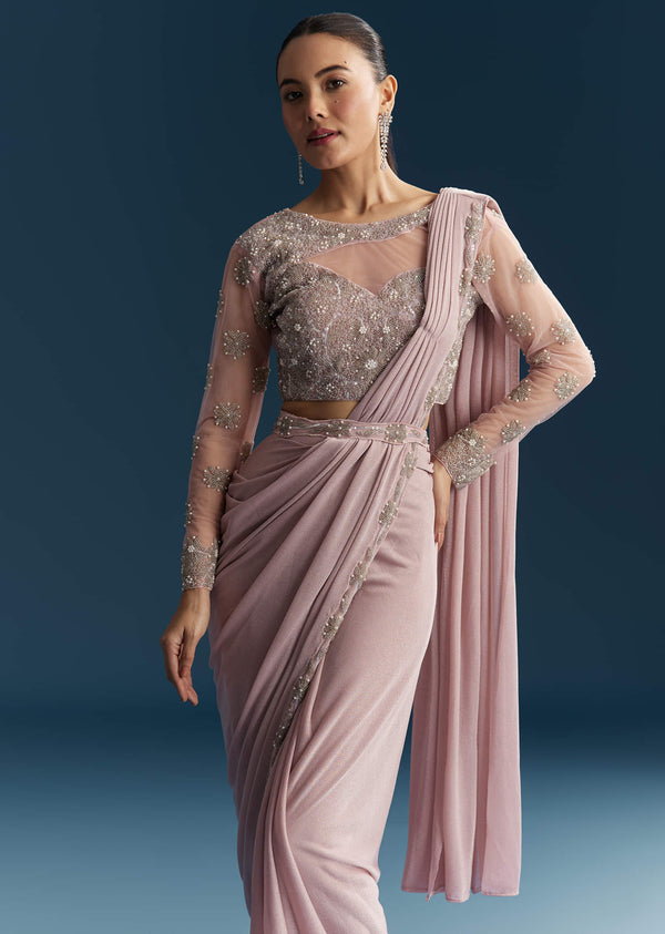 Pink Ready Pleated Saree With Beads And Moti Work