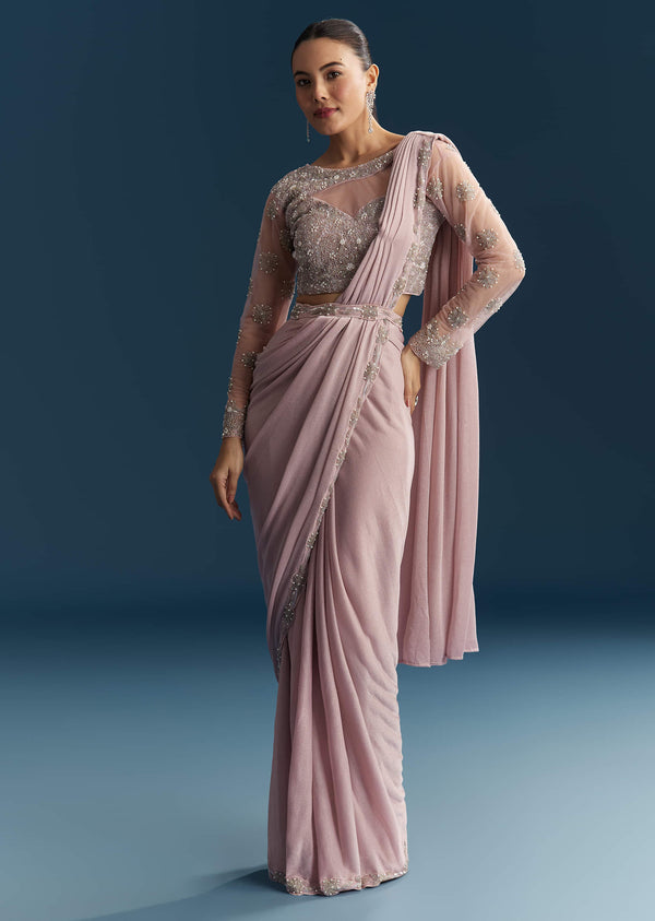 Pink Ready Pleated Saree With Beads And Moti Work