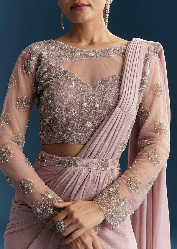 Pink Ready Pleated Saree With Beads And Moti Work