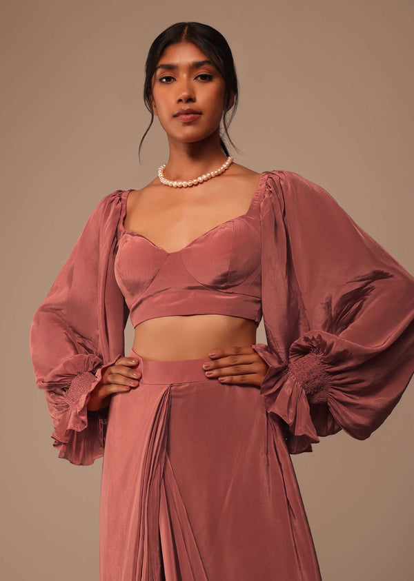 Pink Pre Stitched Saree With Lantern Sleeved Blouse And Hand Worked Belt